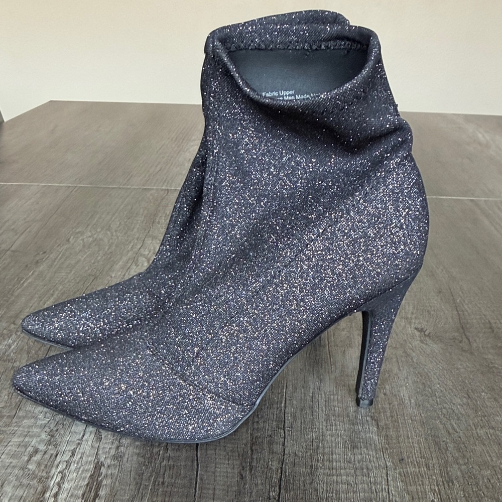 BRASH- Sparkle Pointed Toe Ankle Booties in Black Glitter